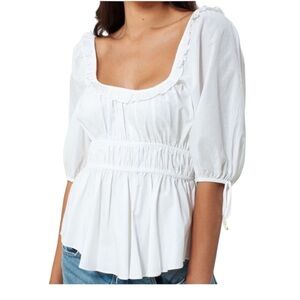 Hale Bob White Puff Sleeve Smocked Peplum Blouse
